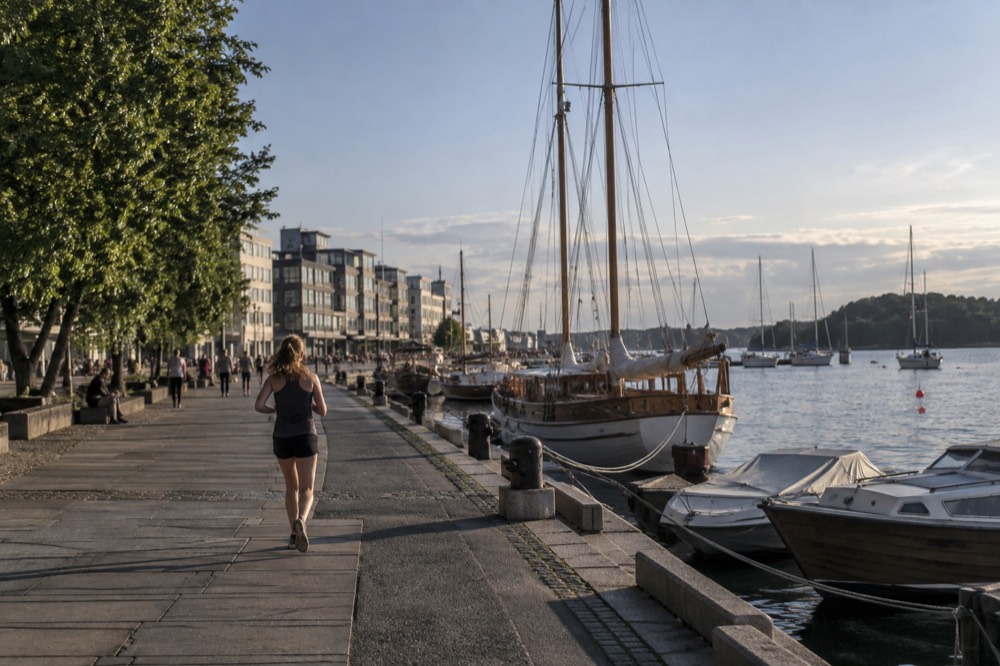 A wooden sailing ship and small boats moored at an Oslo pier in summer