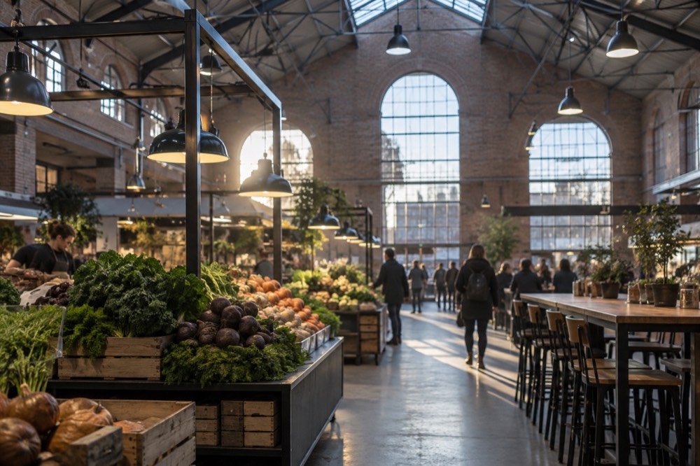 A bright food hall with long shared tables and high chairs