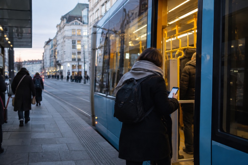 A passenger boarding a tram in Oslo holding a phone showing a ticket