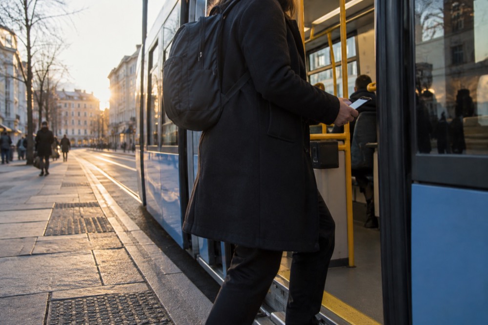 A passenger boarding a tram in Oslo holding a phone showing a ticket