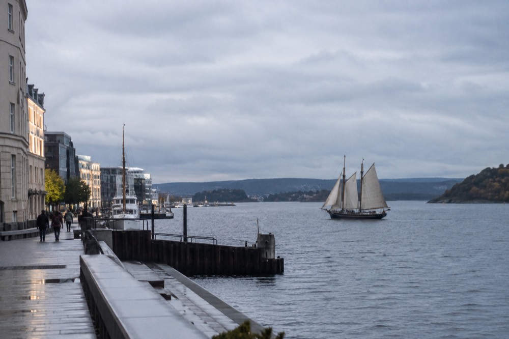 Traditional wooden sailing ship under way on the Oslofjord