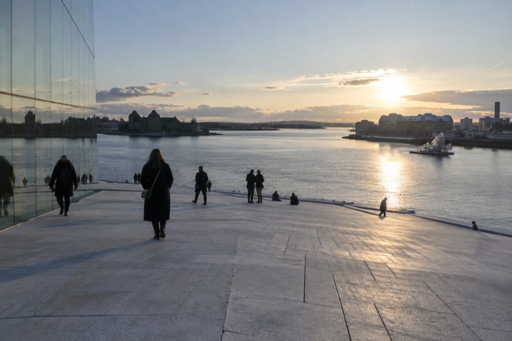 Marble rooftop of the Oslo Opera House sloping toward the fjord