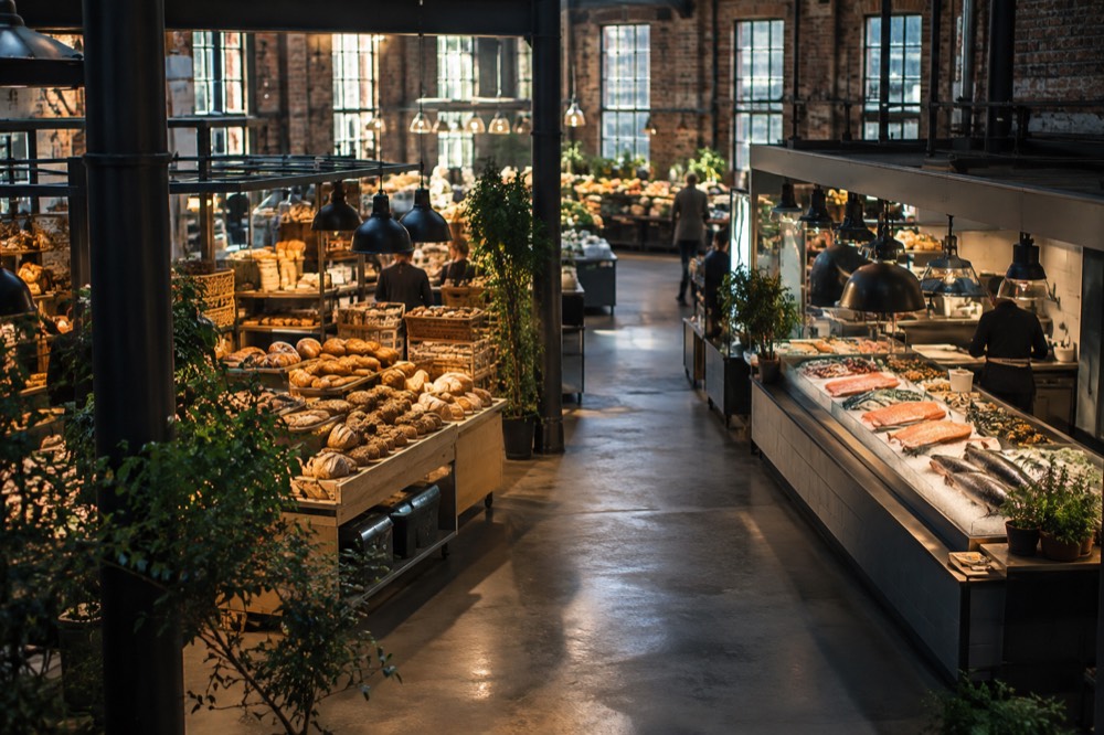 Food hall stalls with bread and seafood displays in Grünerløkka
