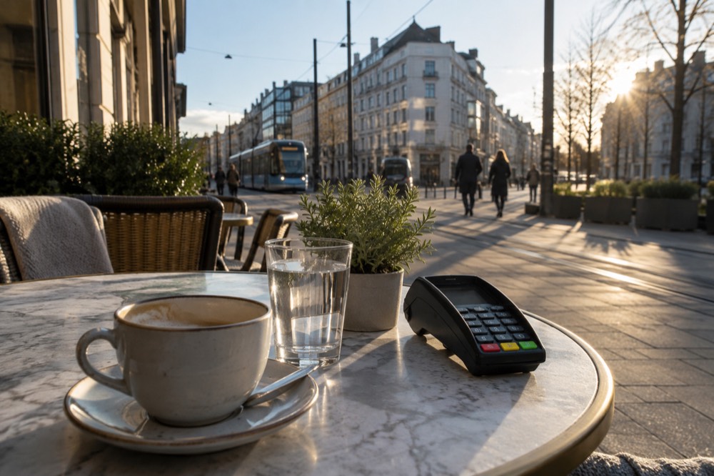 A café terrace in central Oslo with a card terminal on the table