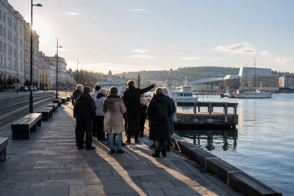 A tour group listening to a guide beside the Oslofjord waterfront