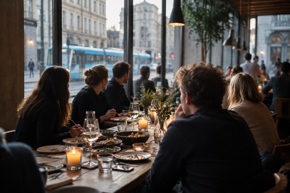 A group of friends sharing dinner at a long table in an Oslo restaurant