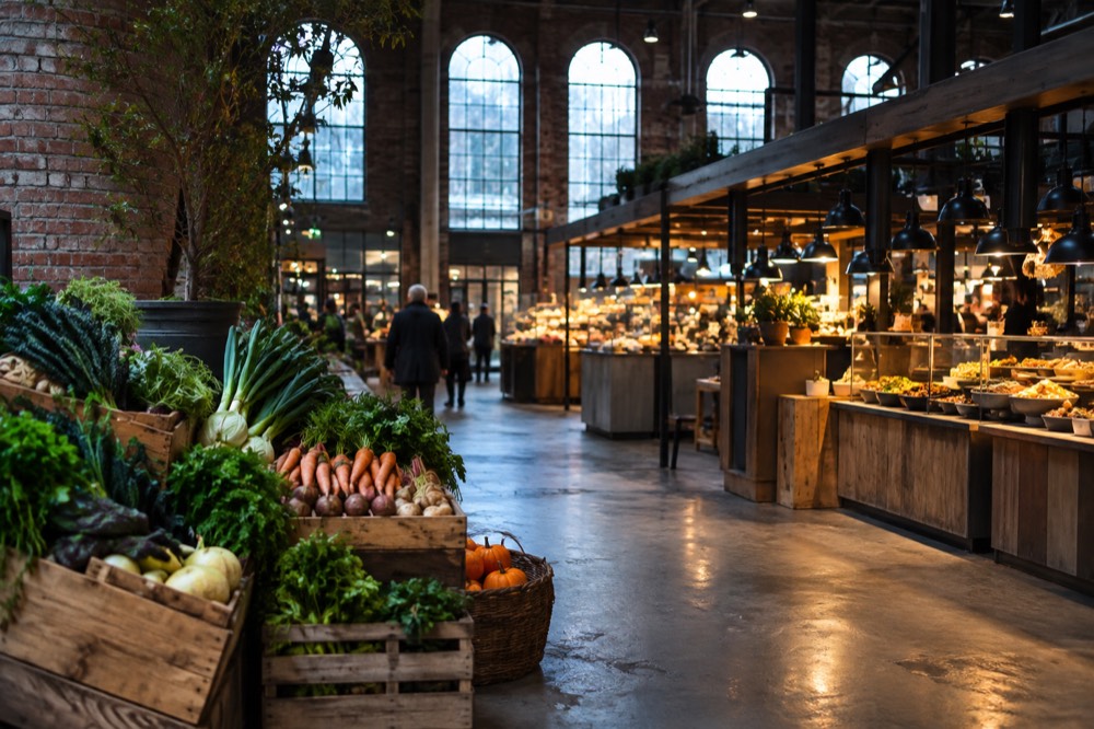 Food hall counters with dishes displayed under warm lighting
