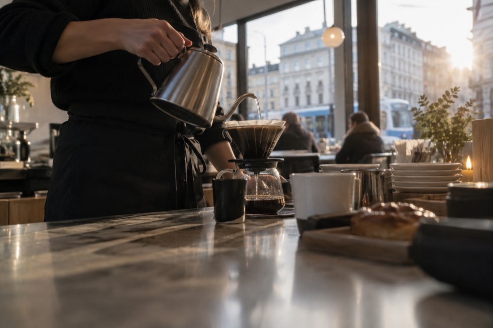 Barista pouring coffee in a bright minimalist Oslo café