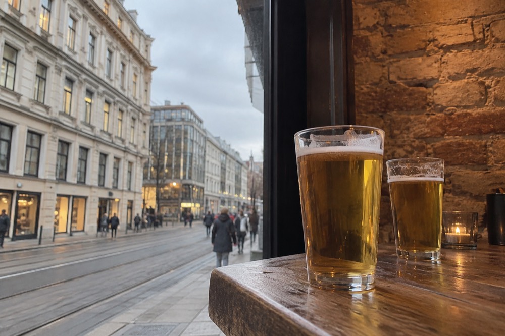 Glasses of beer on a wooden bar counter with brick wall behind