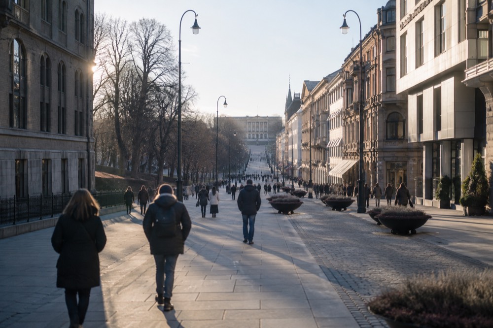 Karl Johans gate pedestrian street with the Royal Palace visible at the far end