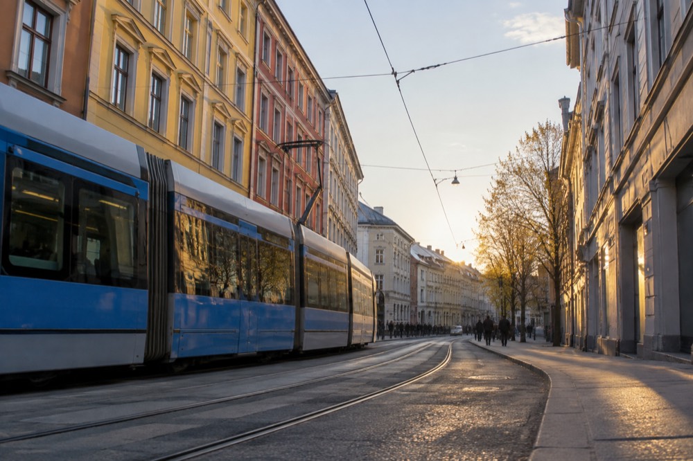 Oslo tram passing colorful buildings on a city street in soft light