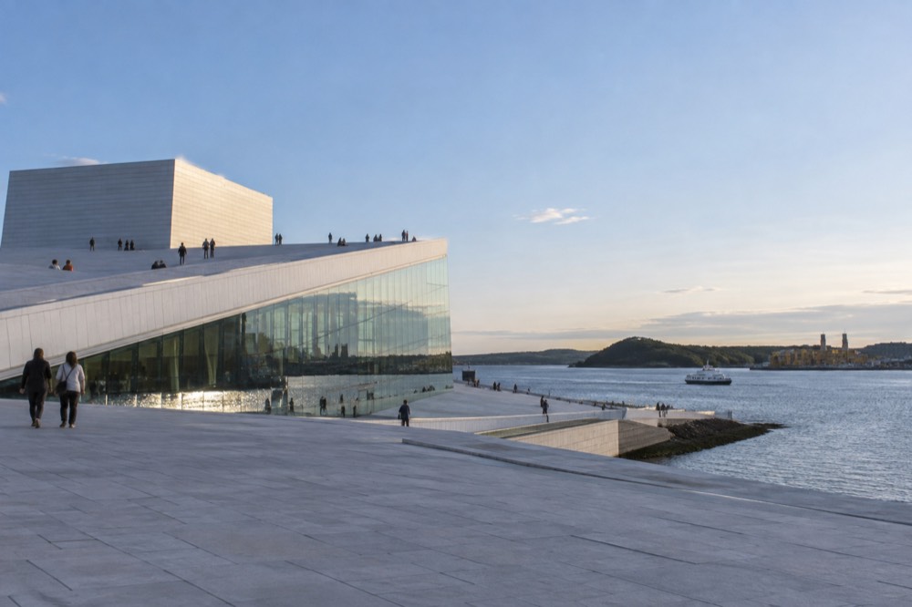 Oslo Opera House waterfront with the Oslofjord behind it