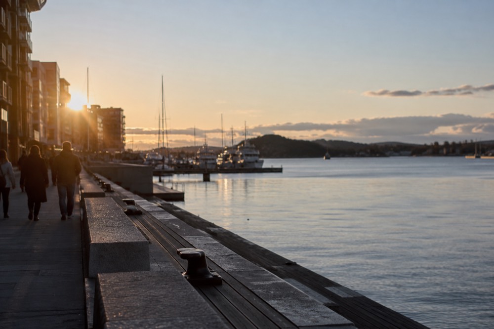 Evening light over the Oslofjord from the harbor promenade