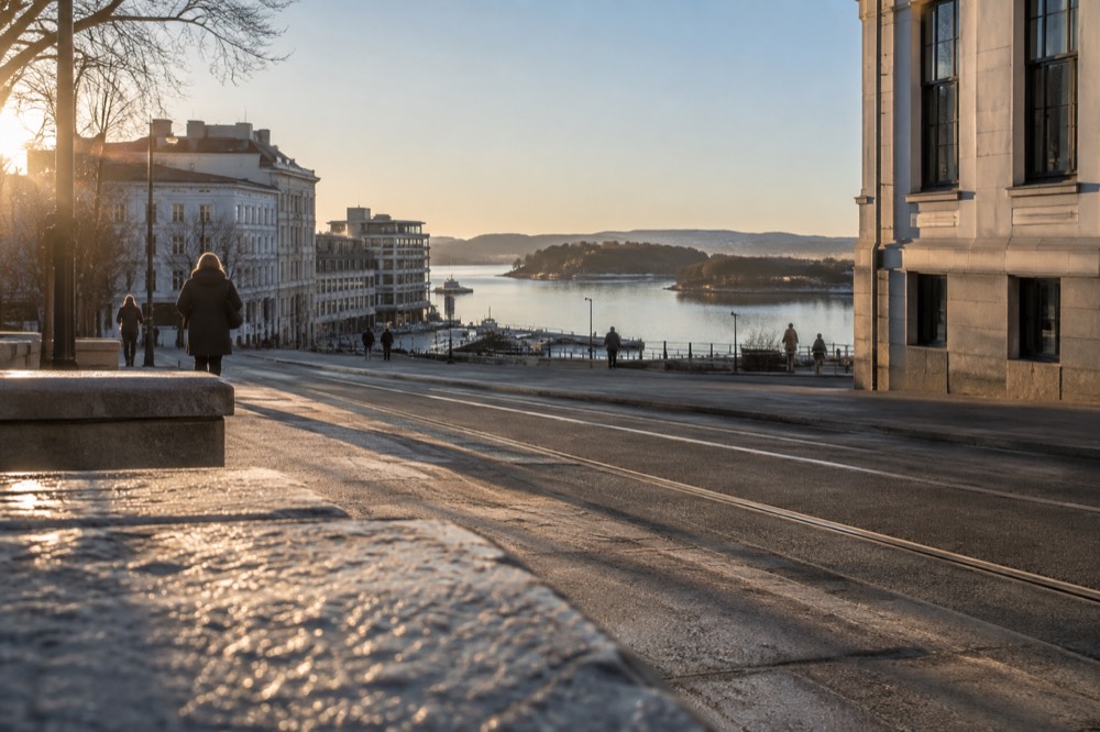 Small islands with wooden houses across calm Oslofjord water
