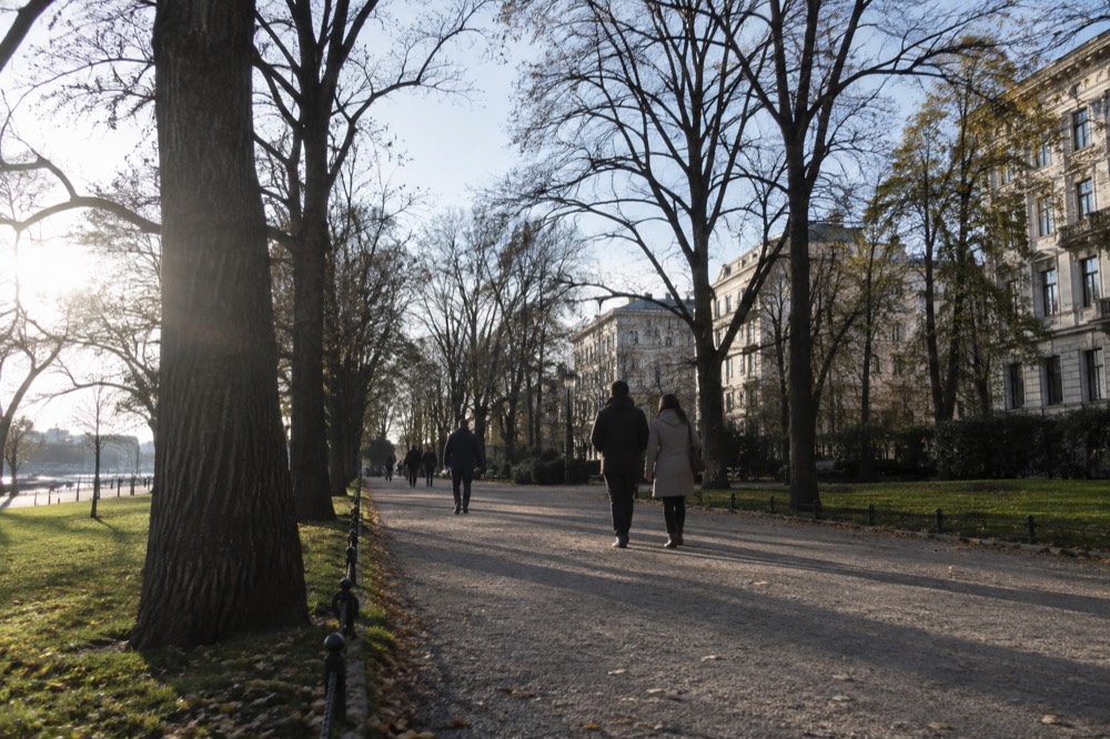 A broad gravel path through a green Oslo park, mature trees on both sides and people walking in afternoon light