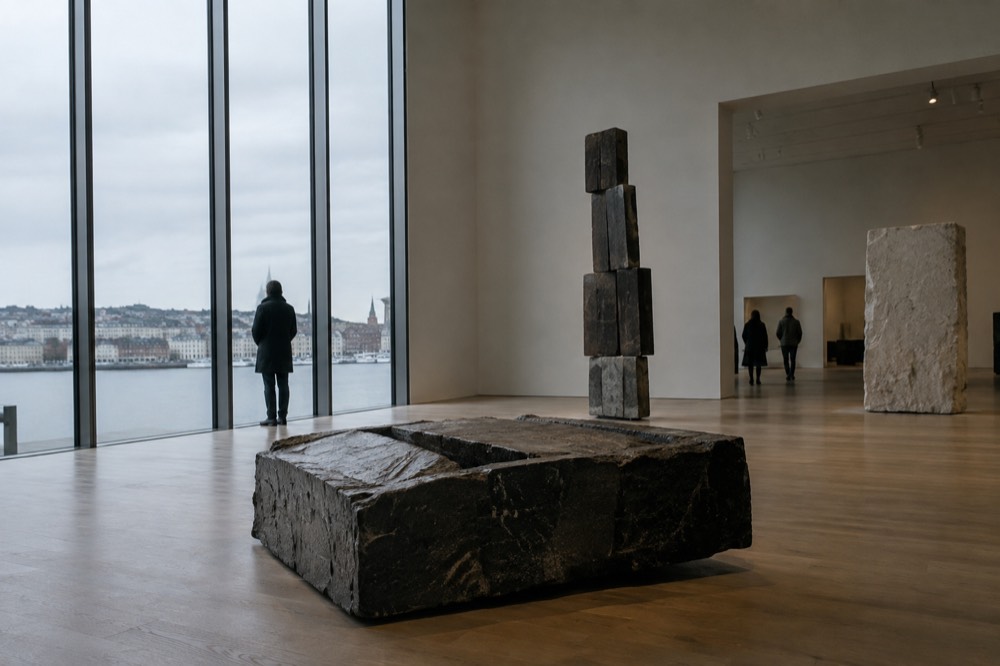 Modern art museum hall with tall windows and sculptures on a wooden floor