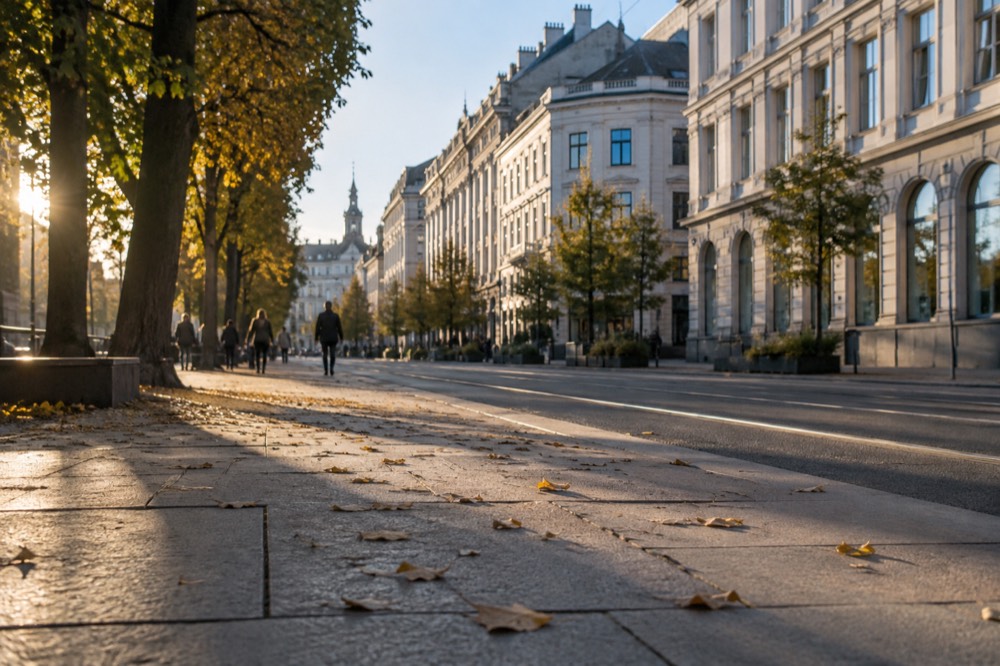 Wide pedestrian street lined with trees and historic buildings in daylight