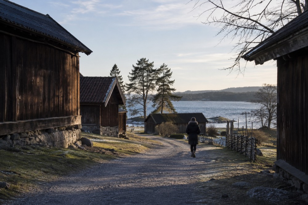 Wooden museum buildings on the Bygdøy peninsula with fjord water behind them