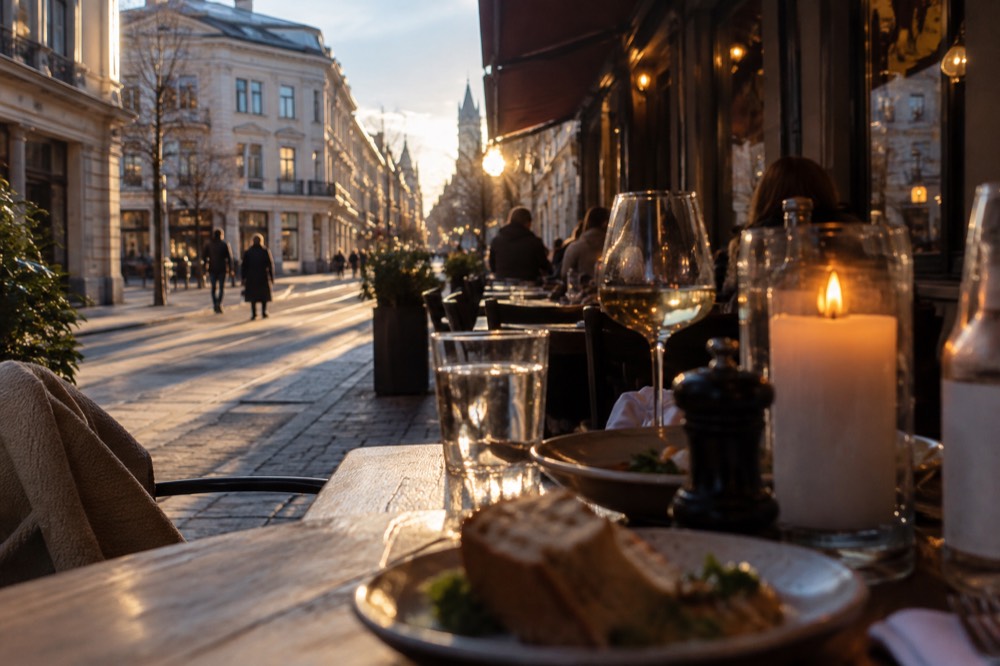 Warm restaurant interior with candles and diners in a Oslo neighborhood street
