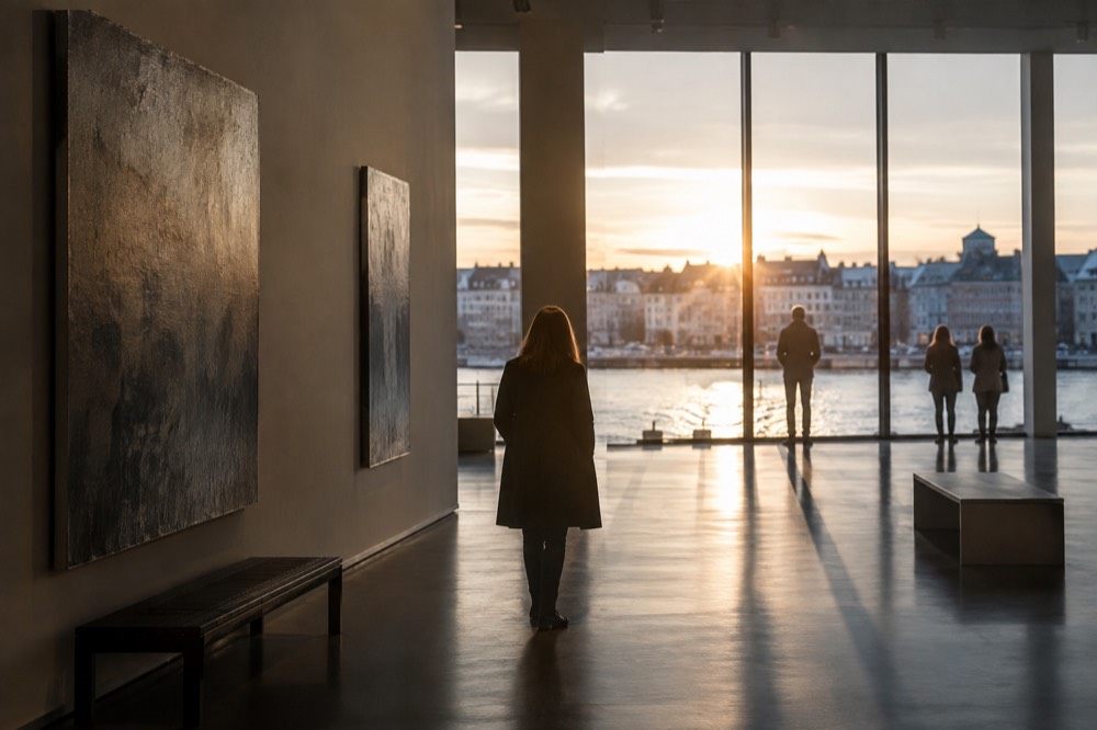 Modern museum interior with art on walls and evening light through tall windows