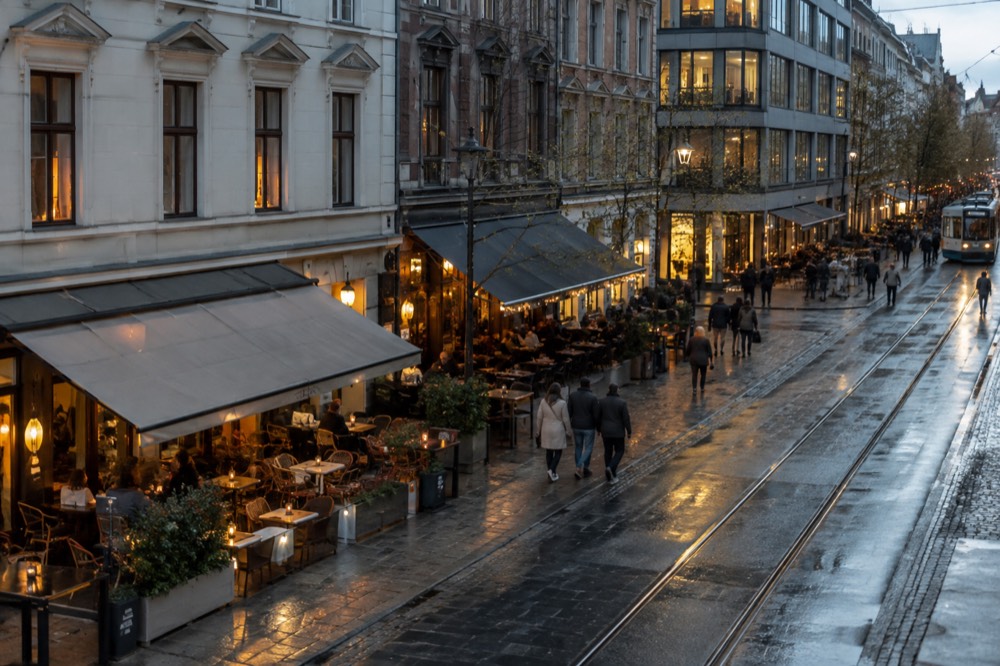 Illuminated Oslo street with people outside bars and restaurants in the evening