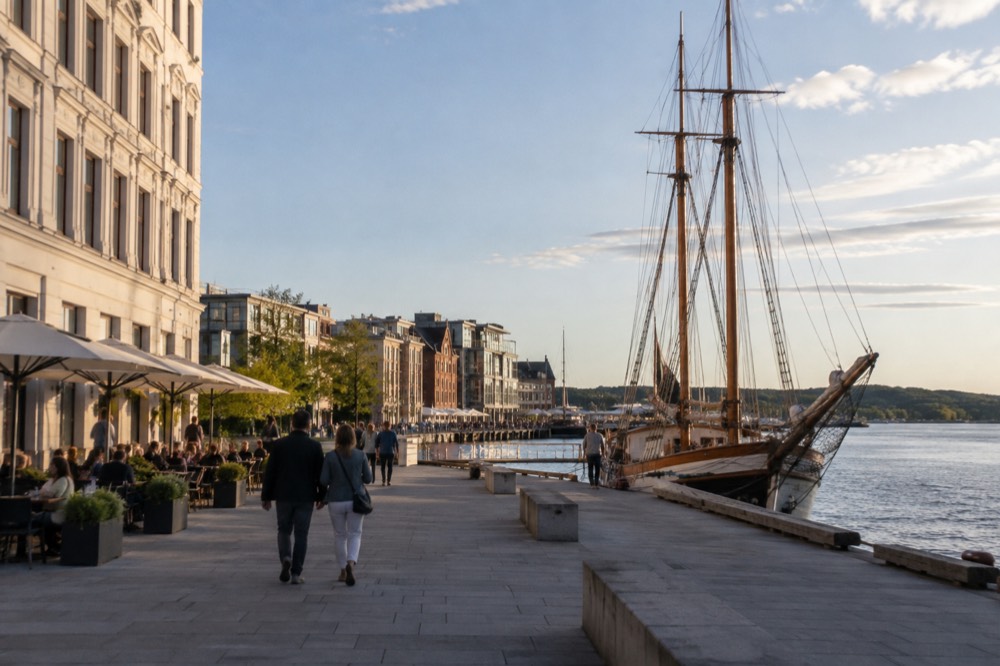 Traditional wooden sailing ship with tall masts moored at a city pier