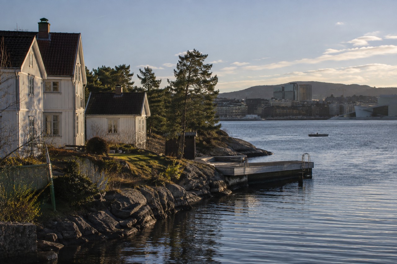 Quiet wooden houses on a small Oslo island with calm water and forest behind