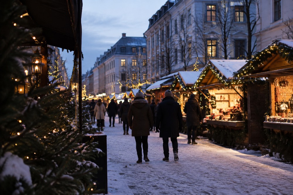 Lit Christmas market stalls along an Oslo street in the dark with people browsing