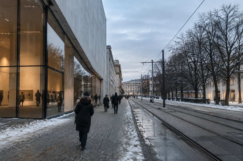 Warm light inside a Oslo museum gallery on a dark winter afternoon