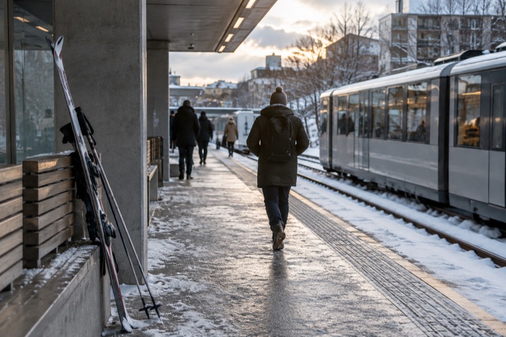 Metro platform in Oslo with skis leaning against a bench