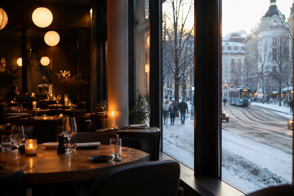 Warm restaurant interior in Oslo with snow outside the window
