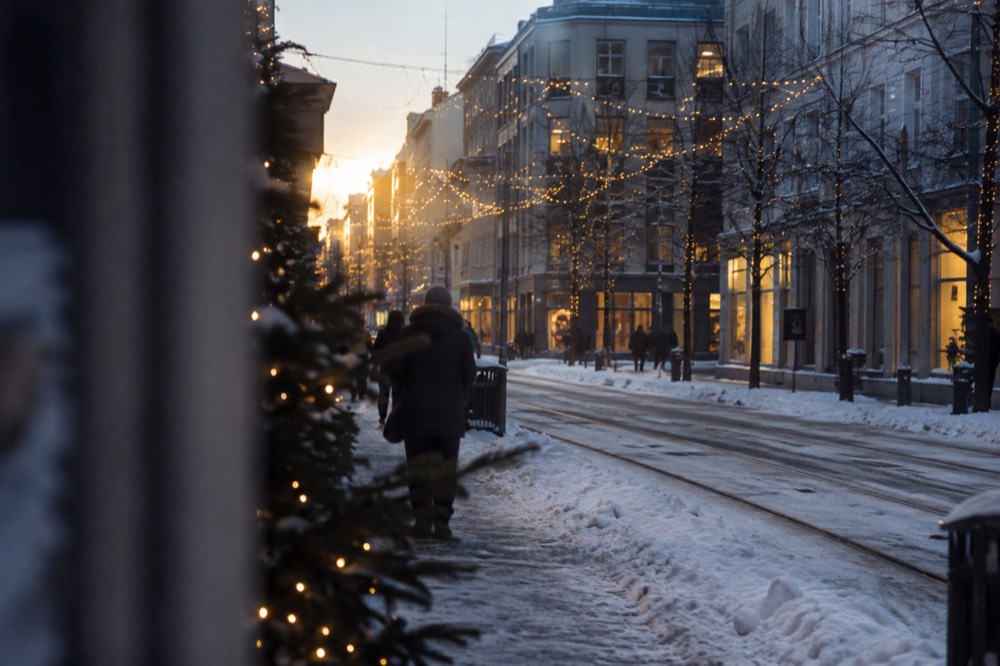 Christmas lights over a snowy Oslo street in the early dark