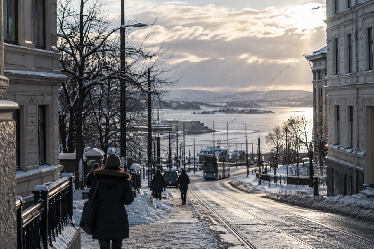 Snow-covered Oslo city center with the fjord and winter light