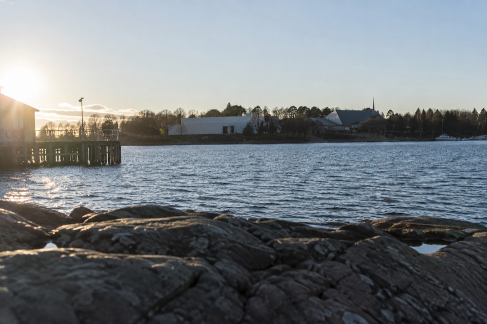 Museum buildings on the Bygdøy peninsula seen across the water on a clear day