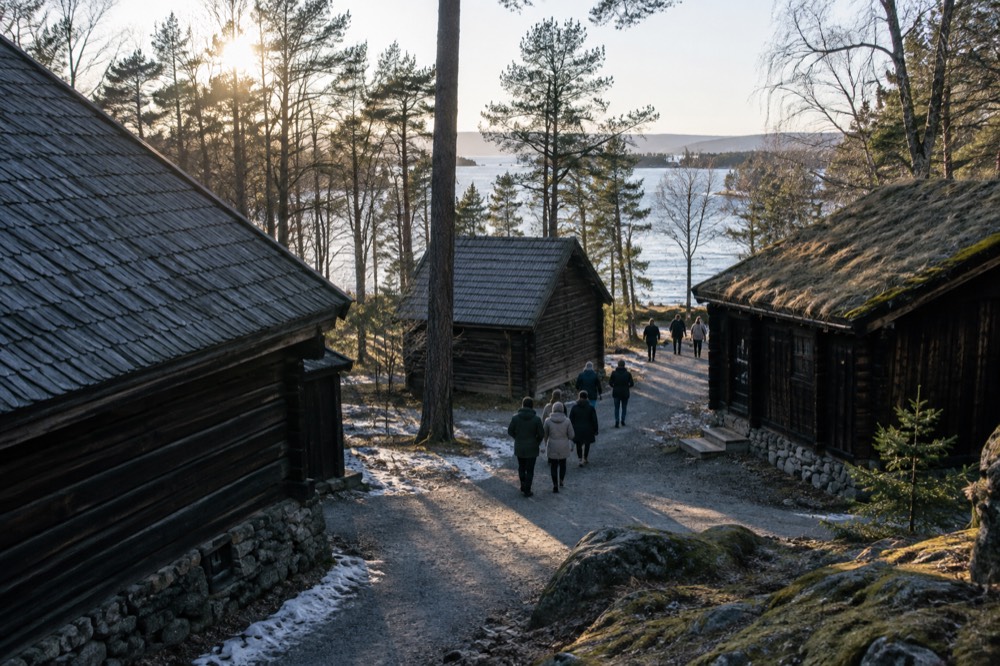 Visitors walking between wooden museum buildings on a forested peninsula