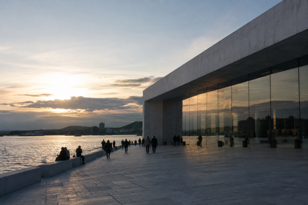 A large modern art museum building beside a fjord at dusk