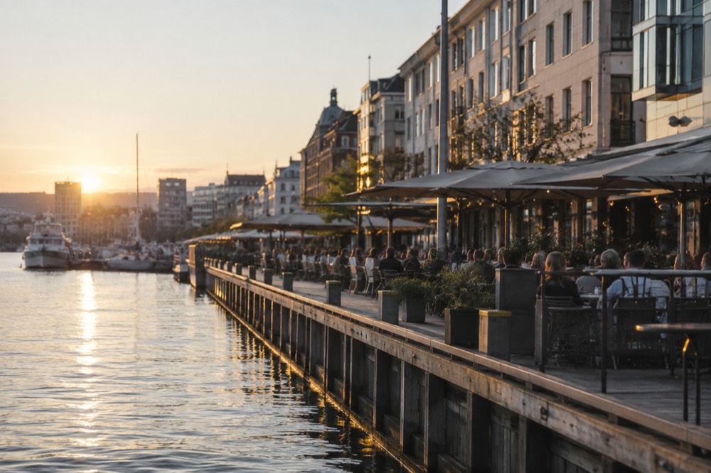 A waterfront row of restaurants with outdoor tables along a wooden boardwalk