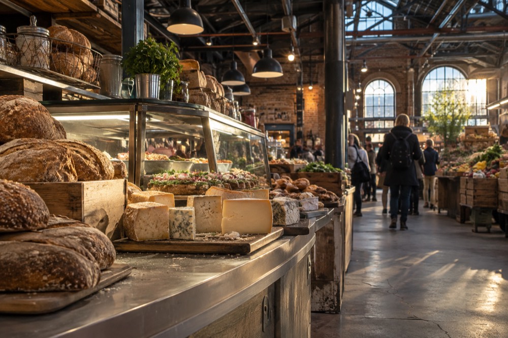 Food hall counters with bread, cheese and open sandwiches on display