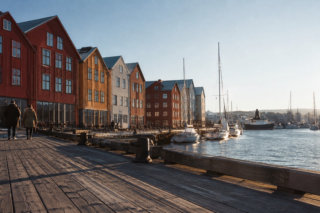 Colorful old wooden buildings along the Oslofjord waterfront on a bright morning