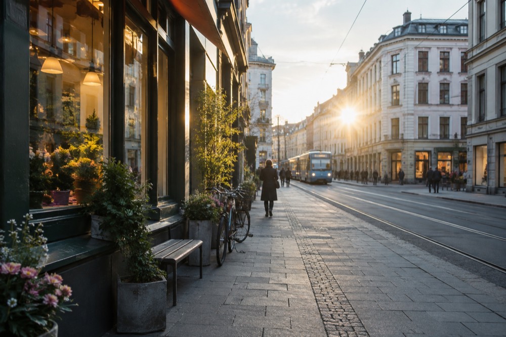 Colorful shopfronts and bicycles on a lively Oslo street corner