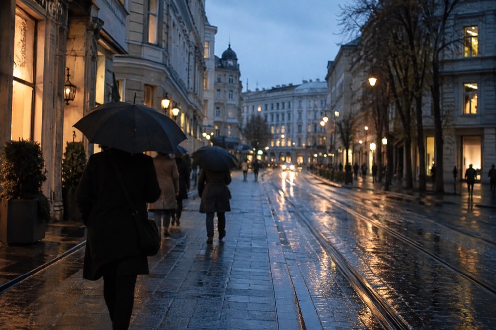 Wet cobblestone street in central Oslo with umbrellas and reflected lights