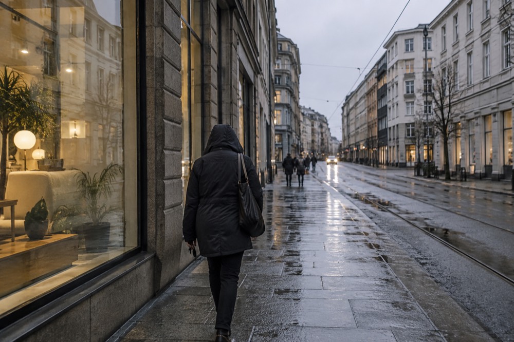 Person in rain jacket walking past wet Oslo storefronts
