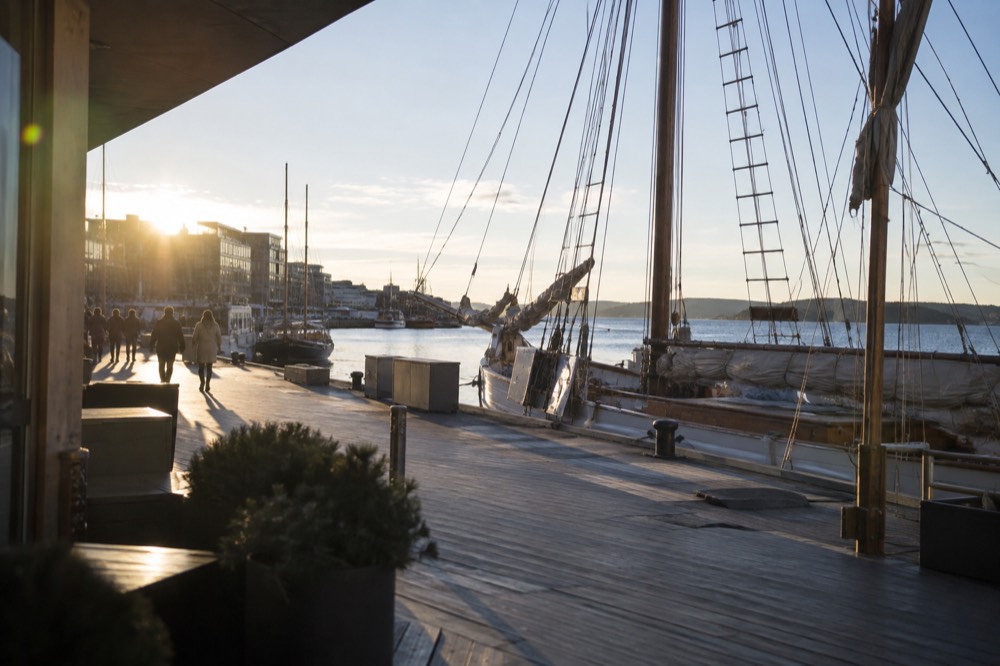 Wooden sailing ship moored at the Aker Brygge waterfront