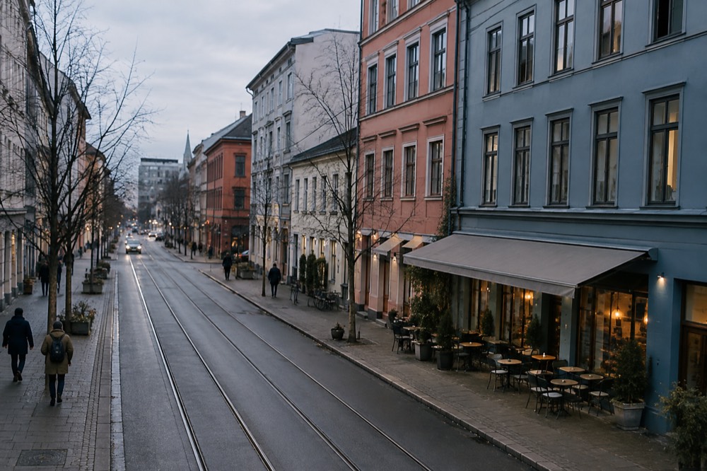 Café tables and painted warehouse buildings on a Grünerløkka street