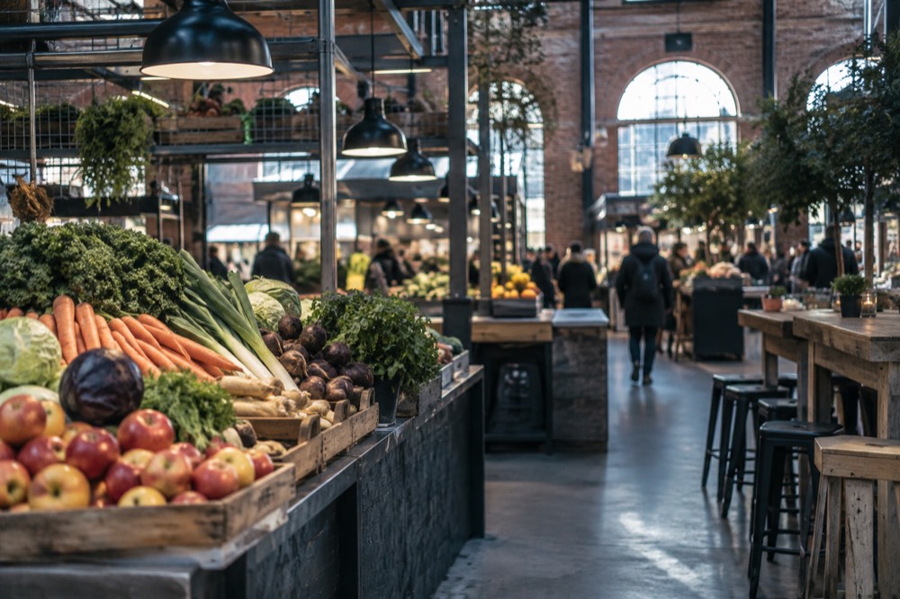 Indoor food hall with stalls and communal wooden tables