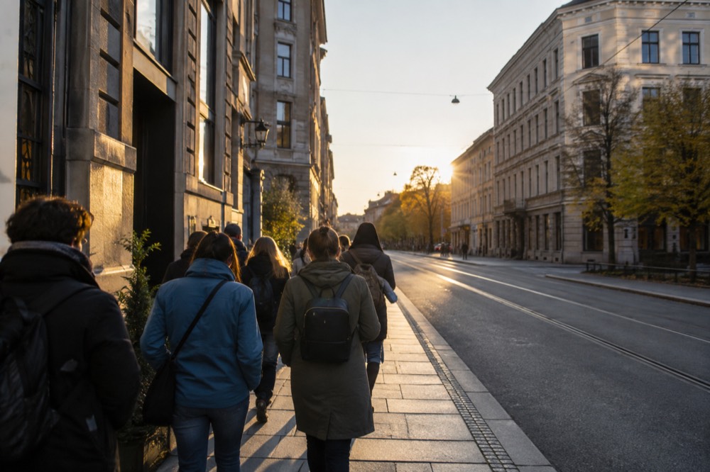 Group of walkers with a guide on a city street in Oslo