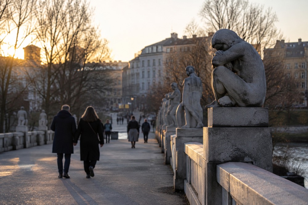 Stone sculptures arranged along a bridge in a park at dusk