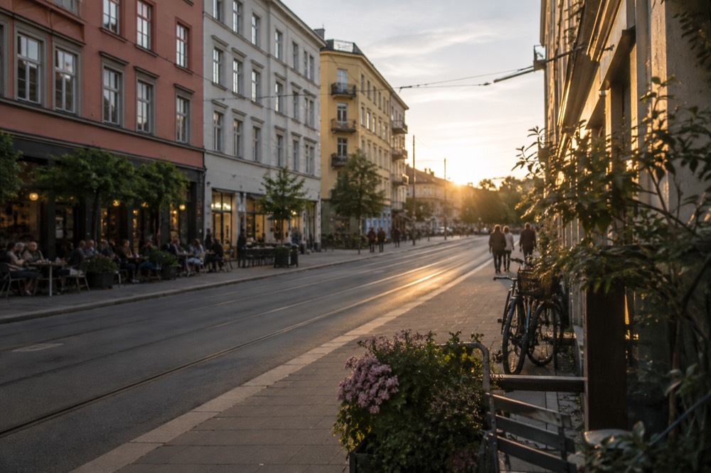 Colorful apartment buildings and cafe streets in the Grünerløkka district