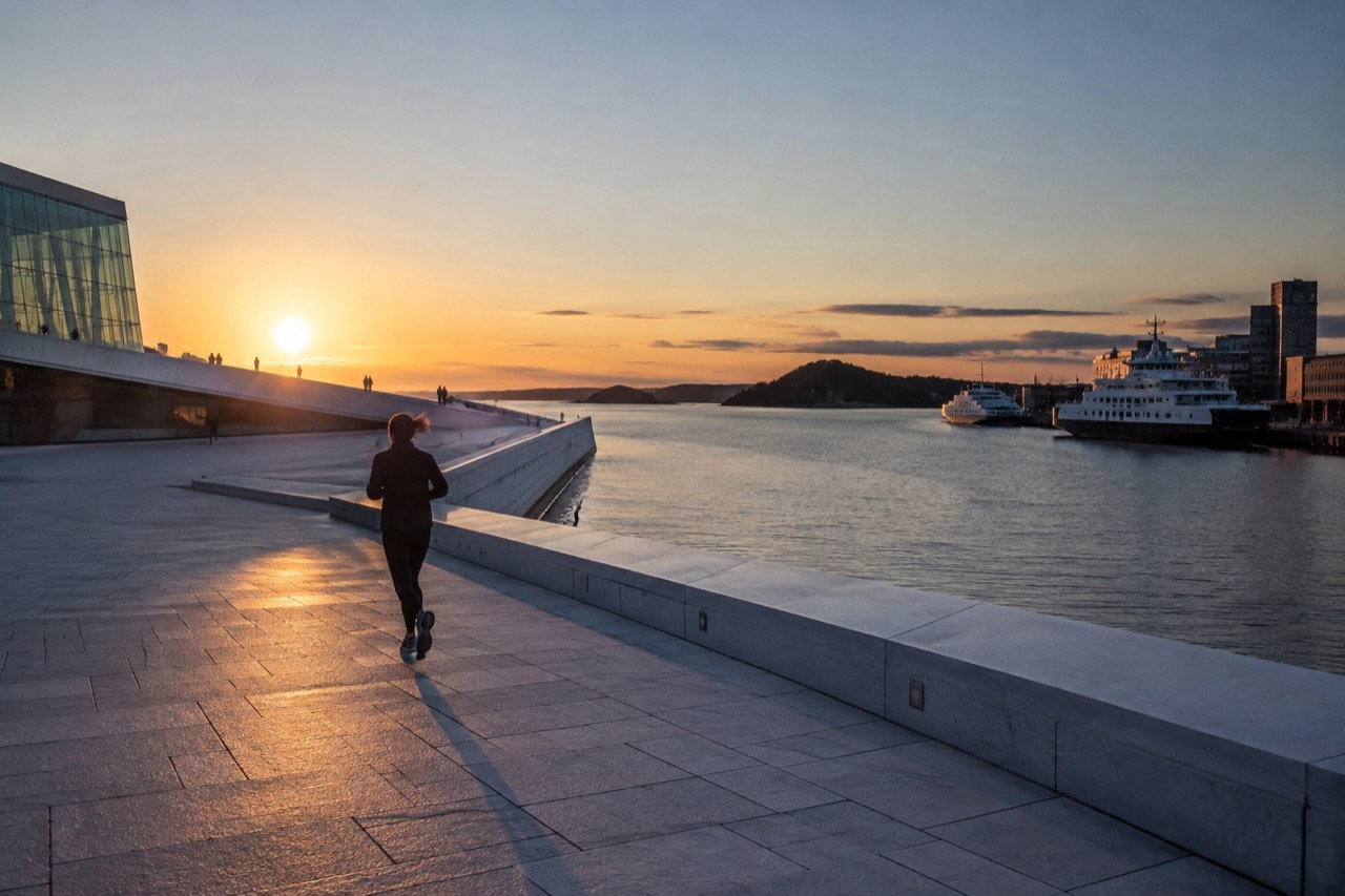 Oslo city waterfront at dusk with the opera house and ferries along the pier